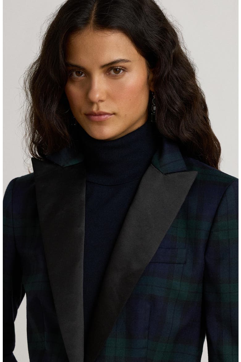 Satin Trim Plaid Blazer, Alternate, color, BLUE/ MULTI