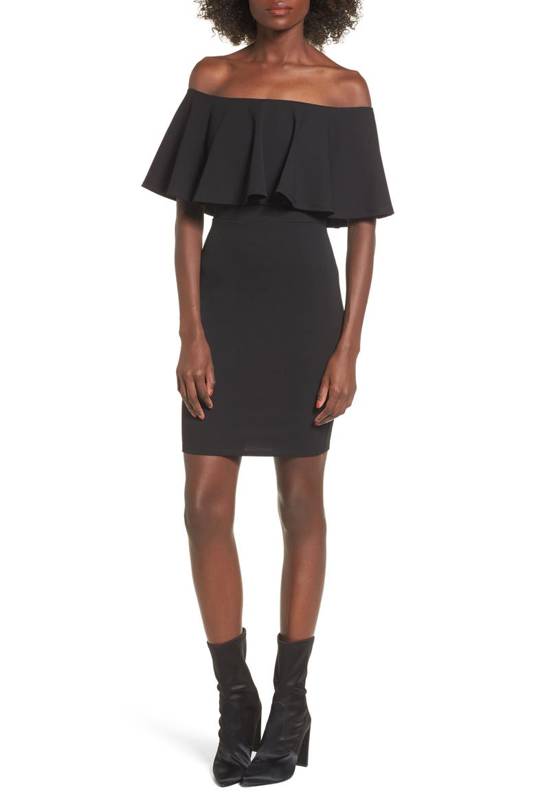 Ruffle Off the Shoulder Body-Con Dress, Main, color, BLACK