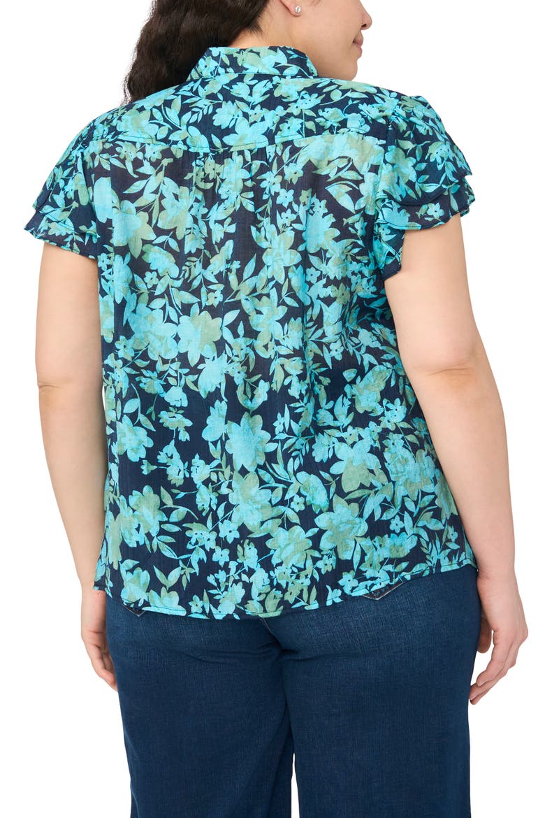 Floral Flutter Sleeve Placket Button-Up Shirt, Alternate, color, CLASSIC NAVY