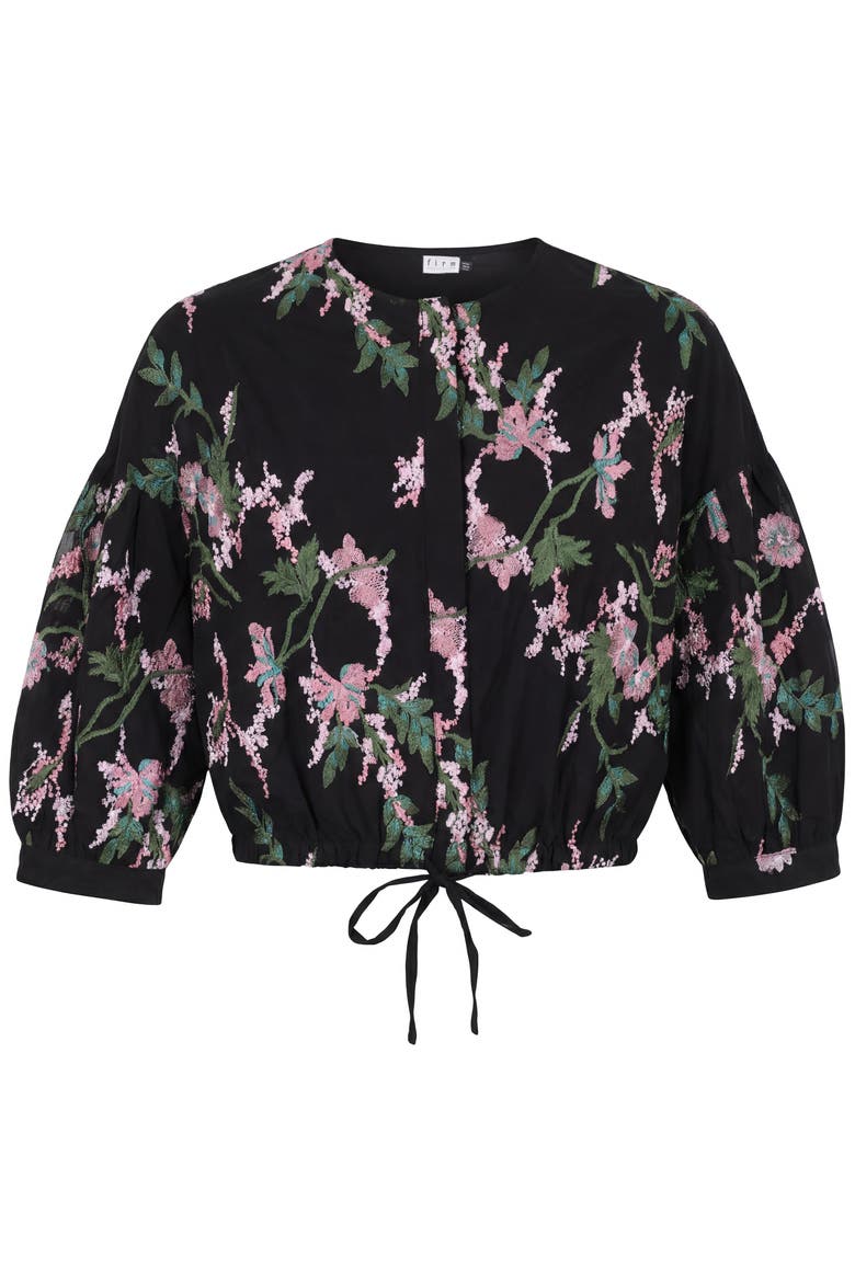 Pleated 3/4-Sleeve Lace Embroidered Blouse, Main, color, Black