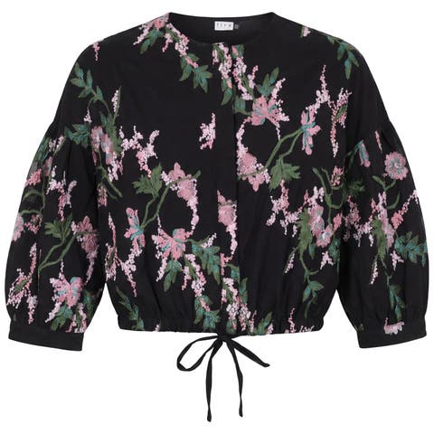Pleated 3/4-Sleeve Lace Embroidered Blouse