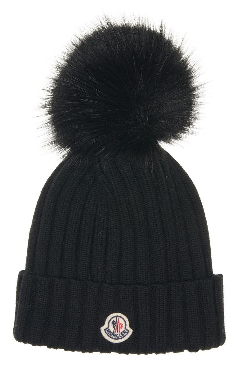 Moncler Virgin Wool Rib Beanie with Faux Fur Pompom, Main, color, Black