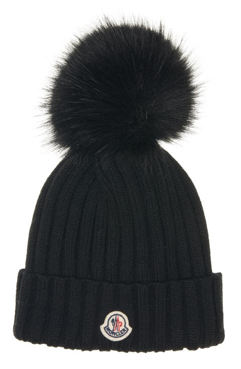 Virgin Wool Rib Beanie with Faux Fur Pompom