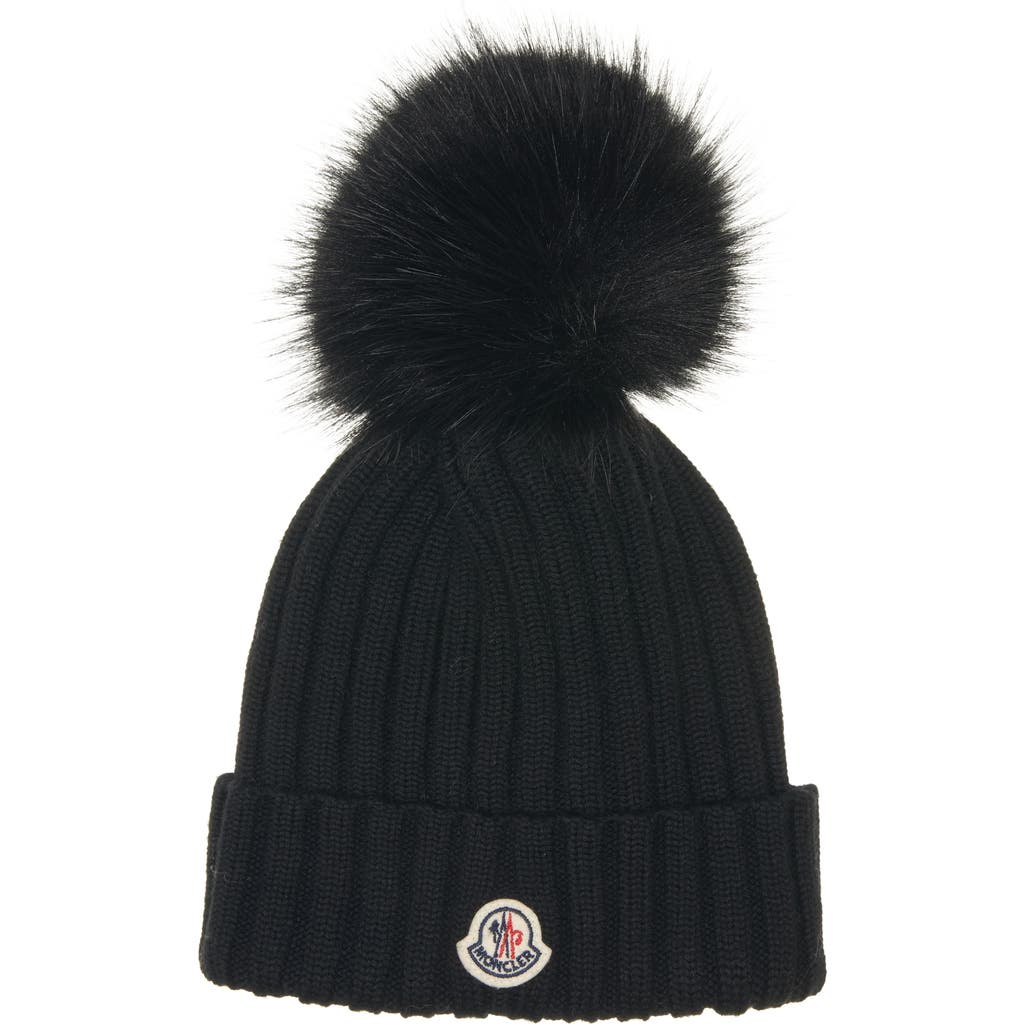 Moncler Ribbed Knit Wool Beanie With Faux Fur Pom-pom In Black