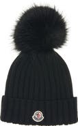 Moncler Virgin Wool Rib Beanie with Faux Fur Pompom