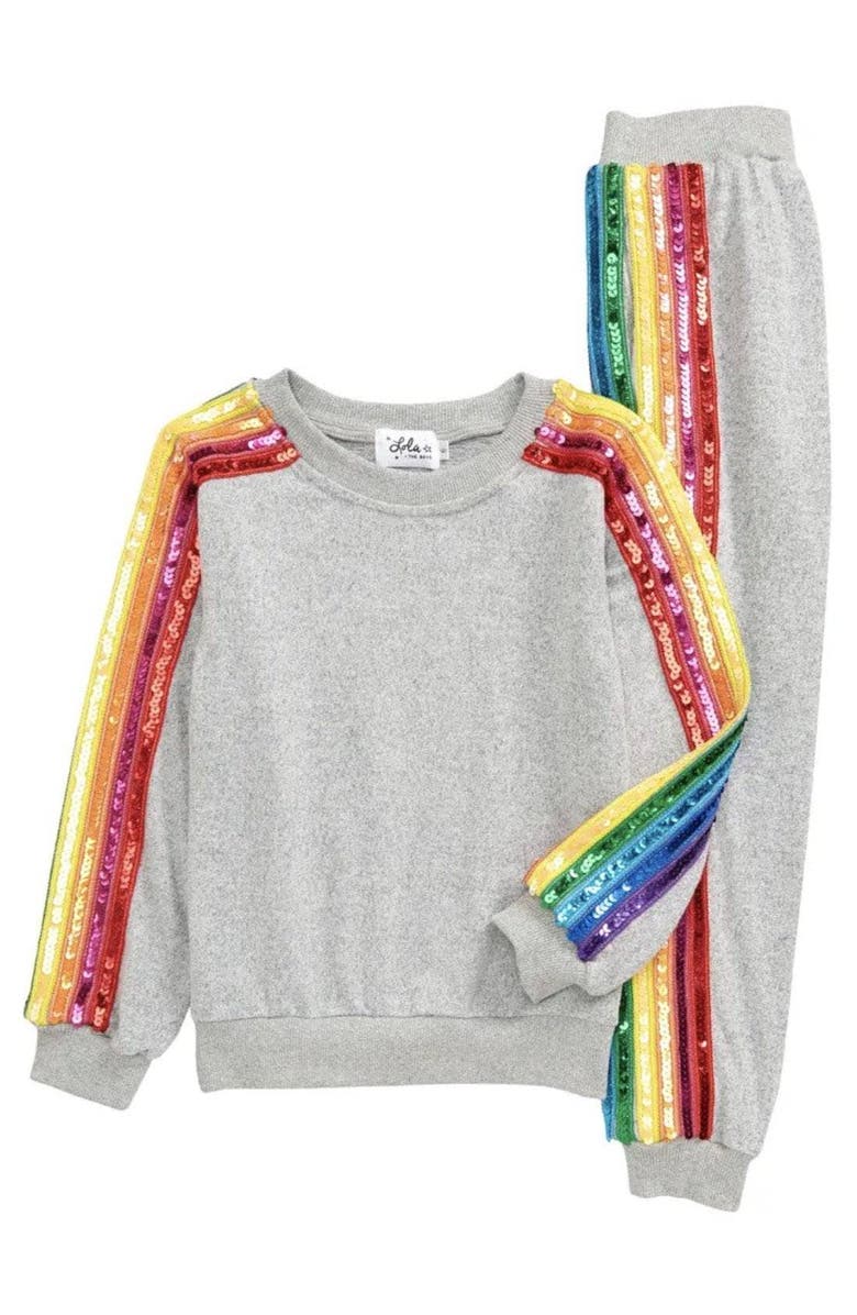 Lola + The Boys Sequin Rainbow Tracksuit Set, Main, color, Grey