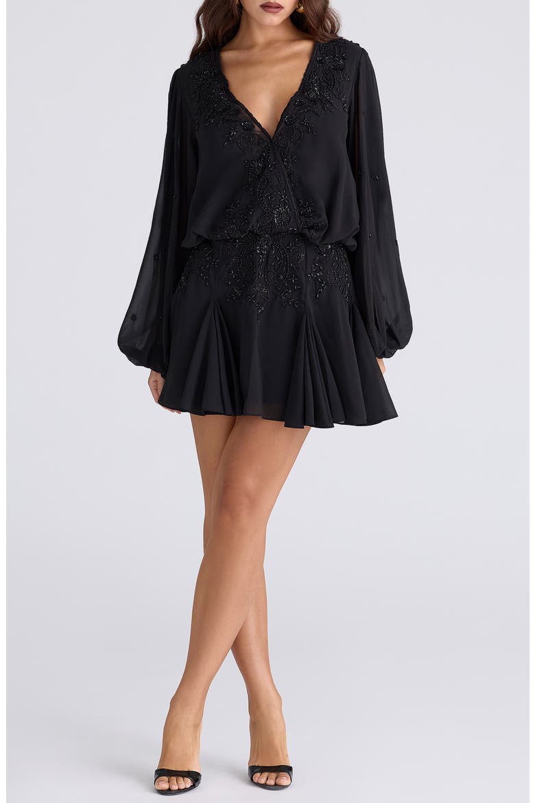 Gianna Beaded Godet Long Sleeve Minidress, Main, color, BLACK