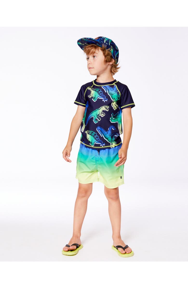Deux par Deux Baby Boy's Short Sleeve Rashguard Blue And Green Dino On Navy, Alternate, color,