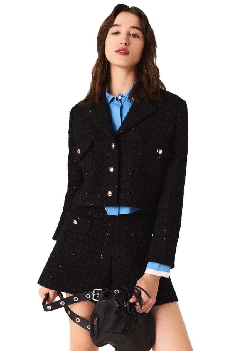 maje Short rhinestone tweed jacket, Alternate, color, Black