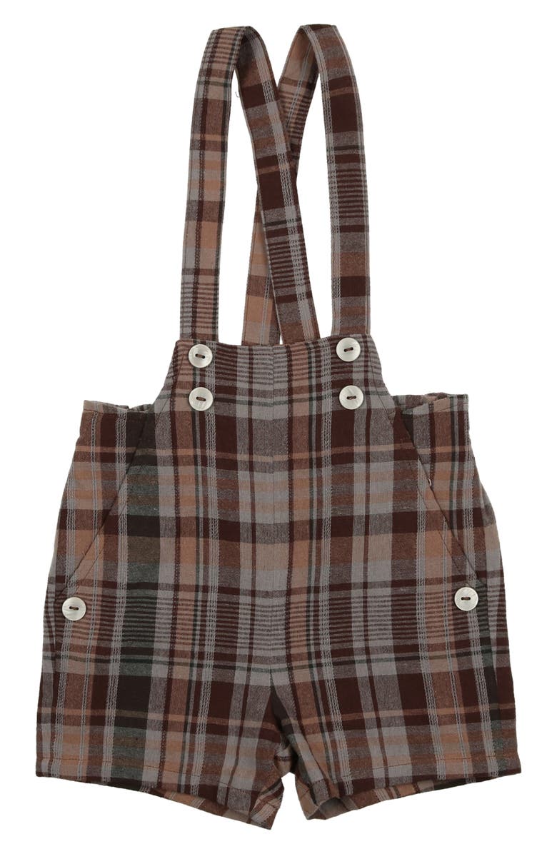 Manière Kids' Plaid Shortalls, Main, color, Brown