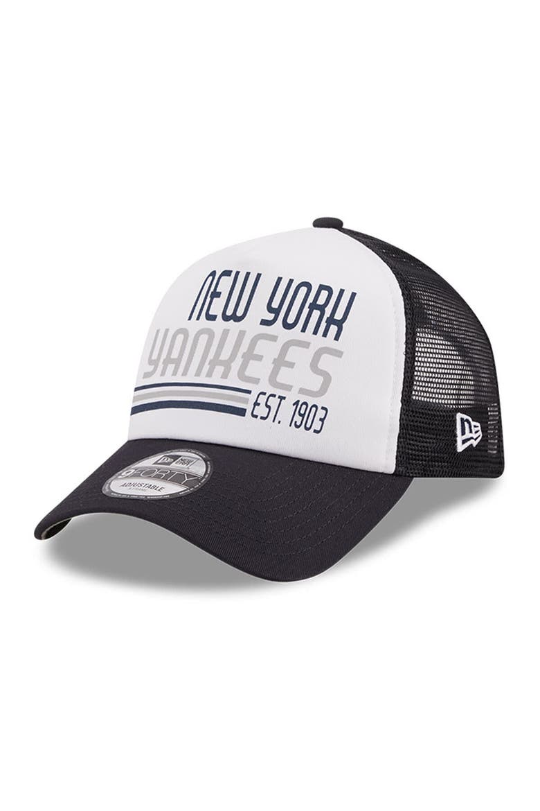 Men's New Era White/Navy New York Yankees Stacked A-Frame Trucker 9FORTY Adjustable Hat, Main, color, White