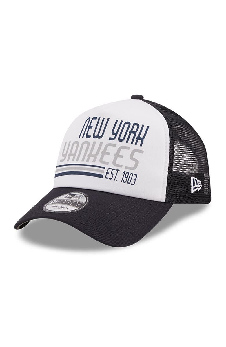 New Era Men's New Era White/Navy New York Yankees Stacked A-Frame Trucker 9FORTY Adjustable Hat, Main, color, White