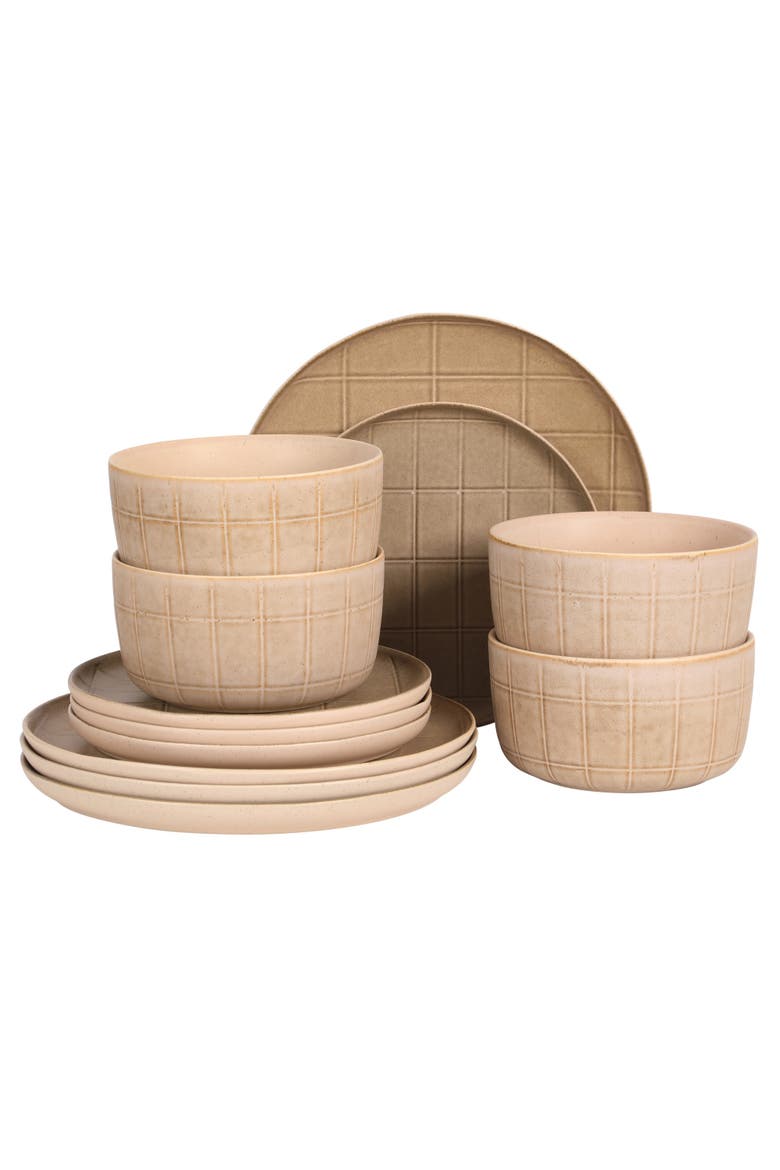 Milano Lines 12-Piece Reactive Glaze Stoneware Dinnerware Set, Main, color, Brown