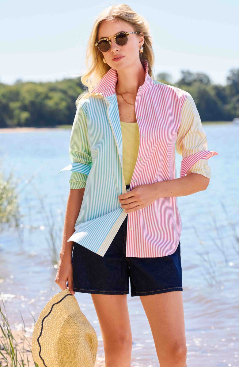 Foxcroft Meghan Colorblock Stripe Cotton Button-Up Shirt, Alternate, color, Pink Multi