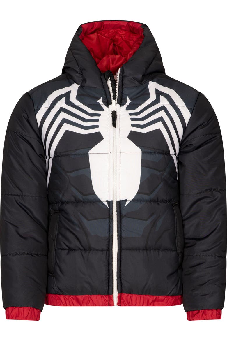 Spider-Man Hooded Zip-Up Puffer Jacket, Alternate, color, Spider Man Black