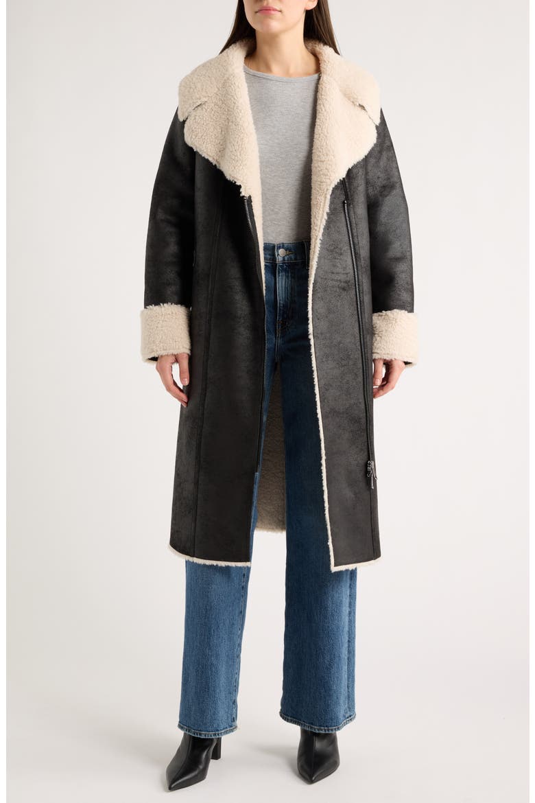 Belted Faux Shearling Coat, Alternate, color, BLACKCREAM