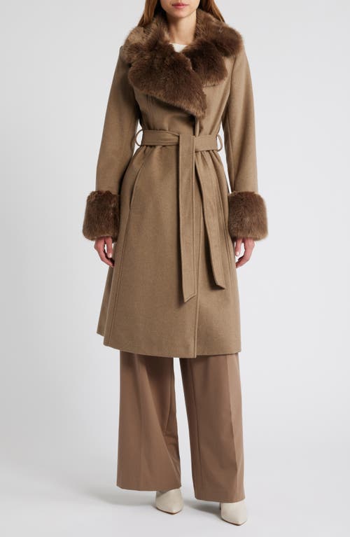 Via Spiga Belted Faux Fur Trim Coat in Truffle 