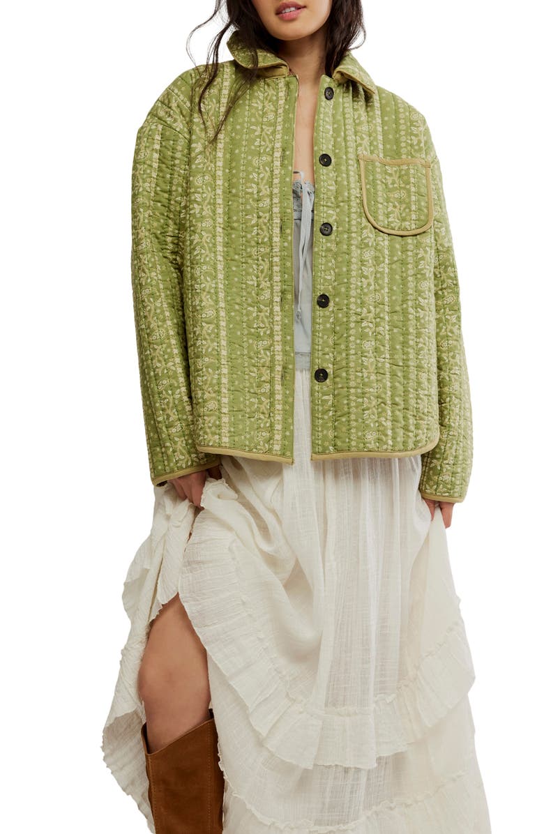 Free People Alexie Print Boxy Quilted Jacket, Main, color, Olive