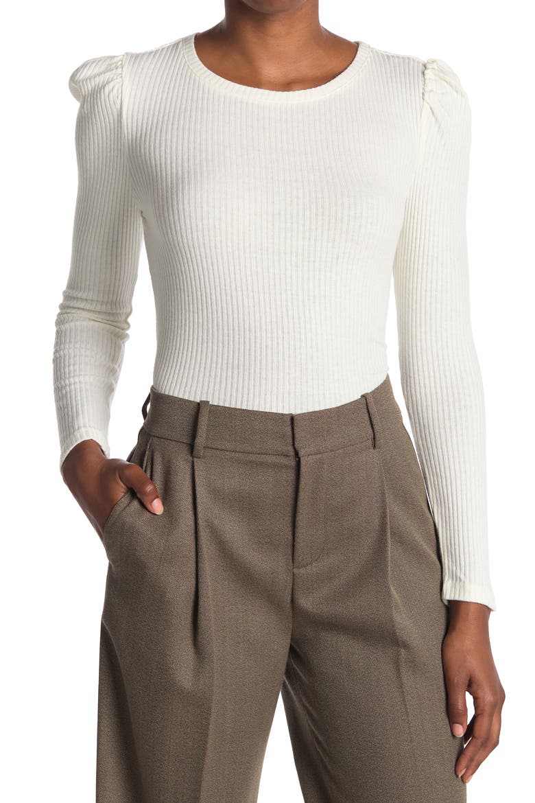 Puff Shoulder Long Sleeve Ribbed Top, Main, color, IVORY