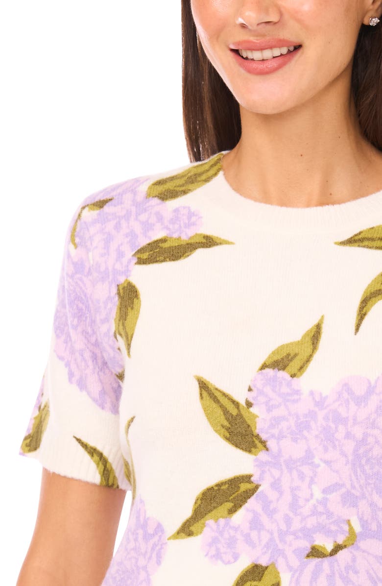 CeCe Hydrangea Print Short Sleeve Sweater, Alternate, color, Orchid Petal
