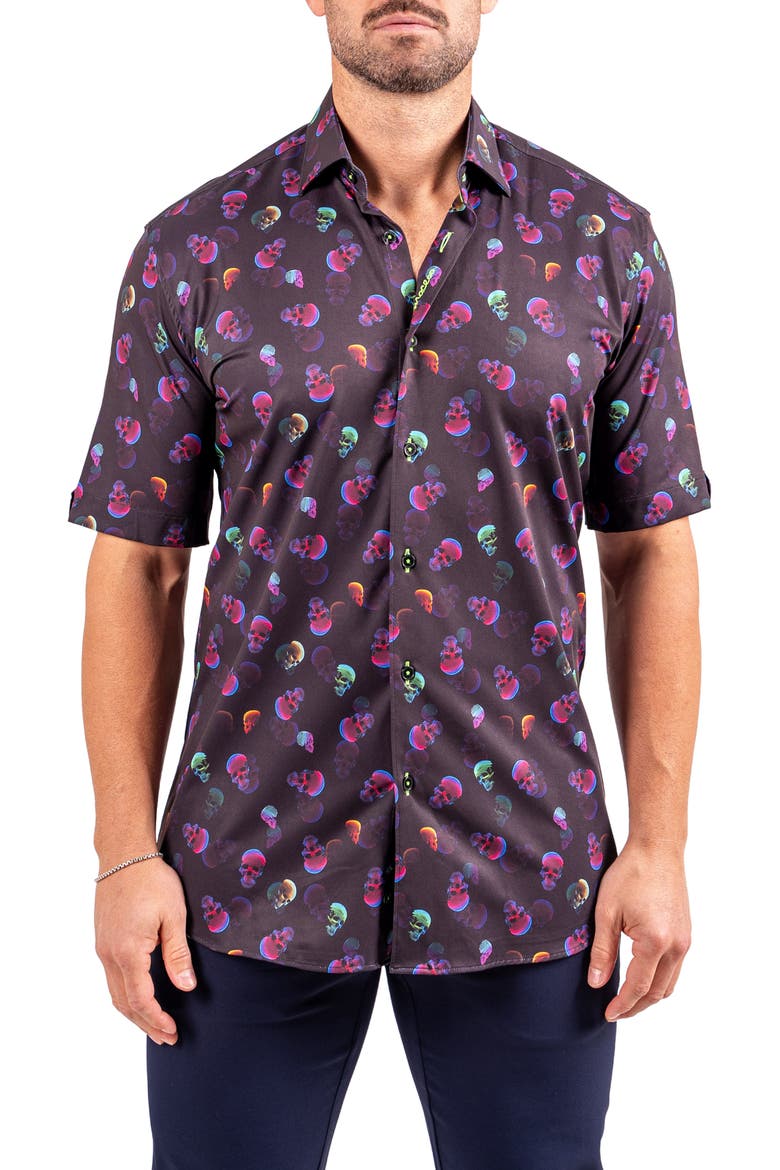 Galileo Resistance0347 Black Skull Print Short Sleeve Cotton Button-Up Shirt, Main, color, BLACK