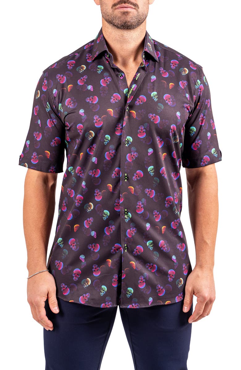 Maceoo Galileo Resistance0347 Black Skull Print Short Sleeve Cotton Button-Up Shirt, Main, color, Black
