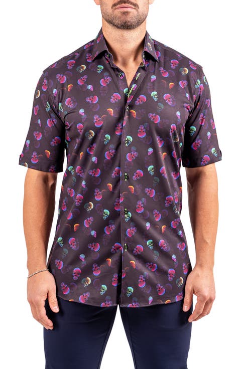Galileo Resistance0347 Black Skull Print Short Sleeve Cotton Button-Up Shirt
