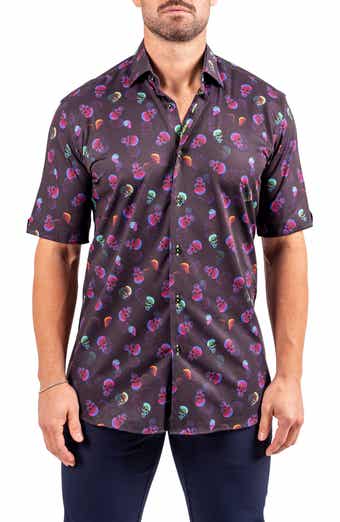 Maceoo Galileo Resistance0347 Black Skull Print Short Sleeve Cotton Button-Up Shirt