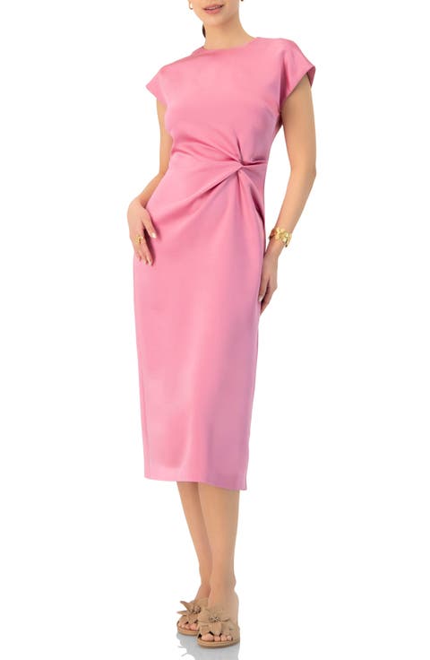 Midi Off-Shoulder Straight Satin Dress with Side Knot