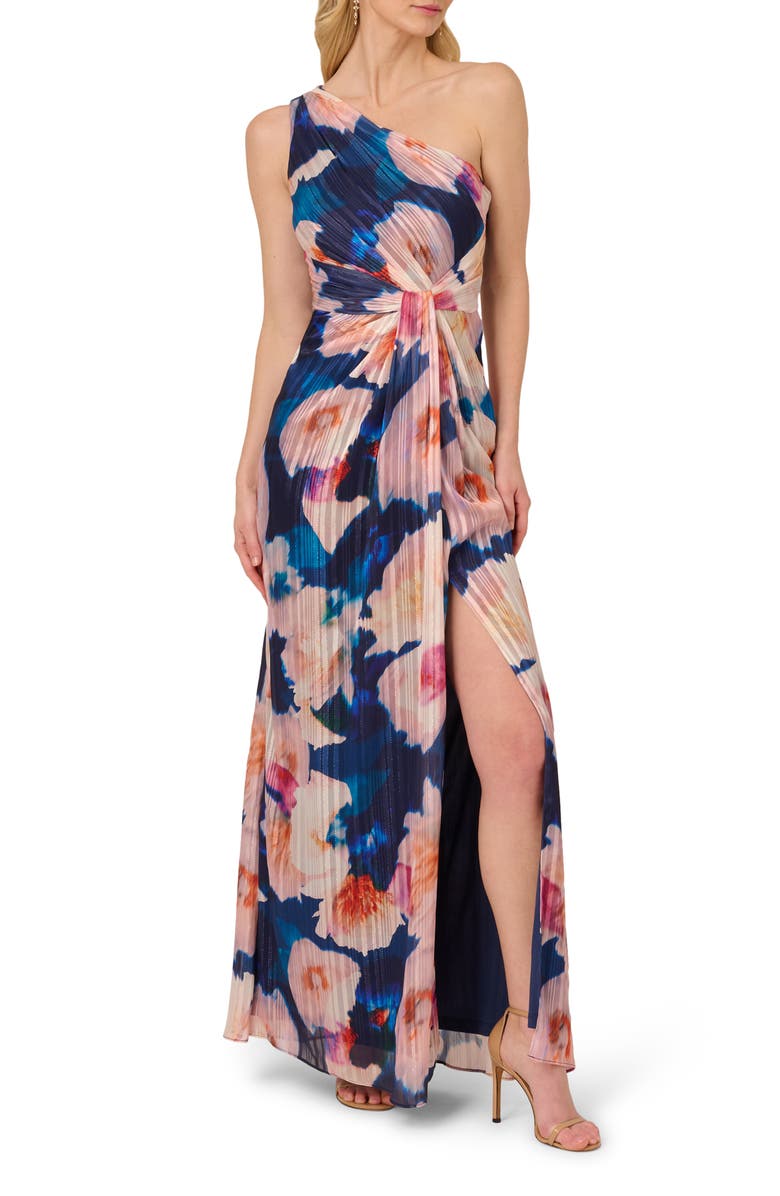 Adrianna Papell Pleated Floral One-Shoulder Chiffon Gown, Main, color, Navy/Blush