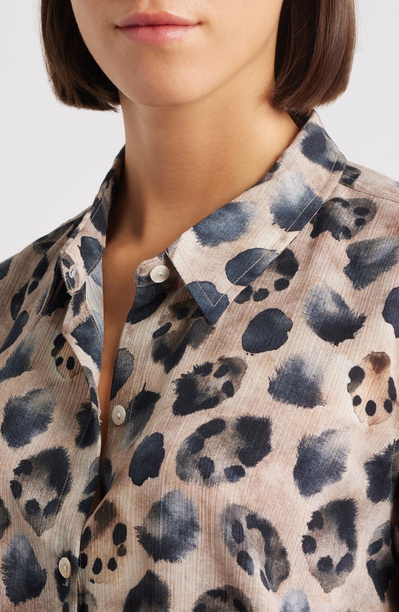 APNY Print Roll Tab Sleeve Chiffon Button-Up Shirt, Alternate, color, Latte Multi