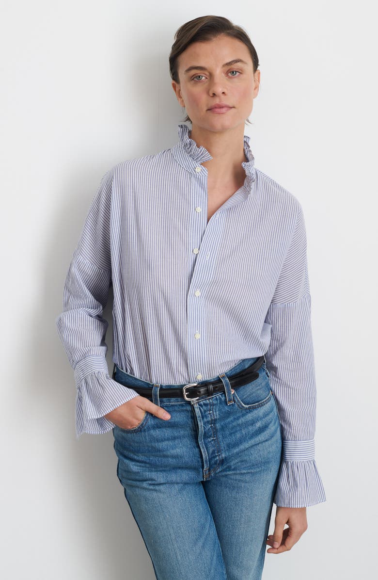 Alex Mill Ruffle Collar Stripe Cotton Button-Up Shirt, Alternate, color, 