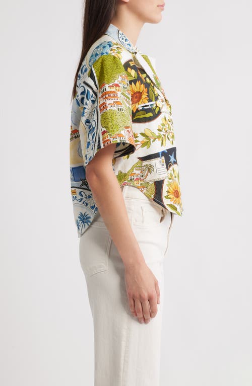 Farm Rio Latin Trip Scarves Crop Linen Button-up Shirt In White
