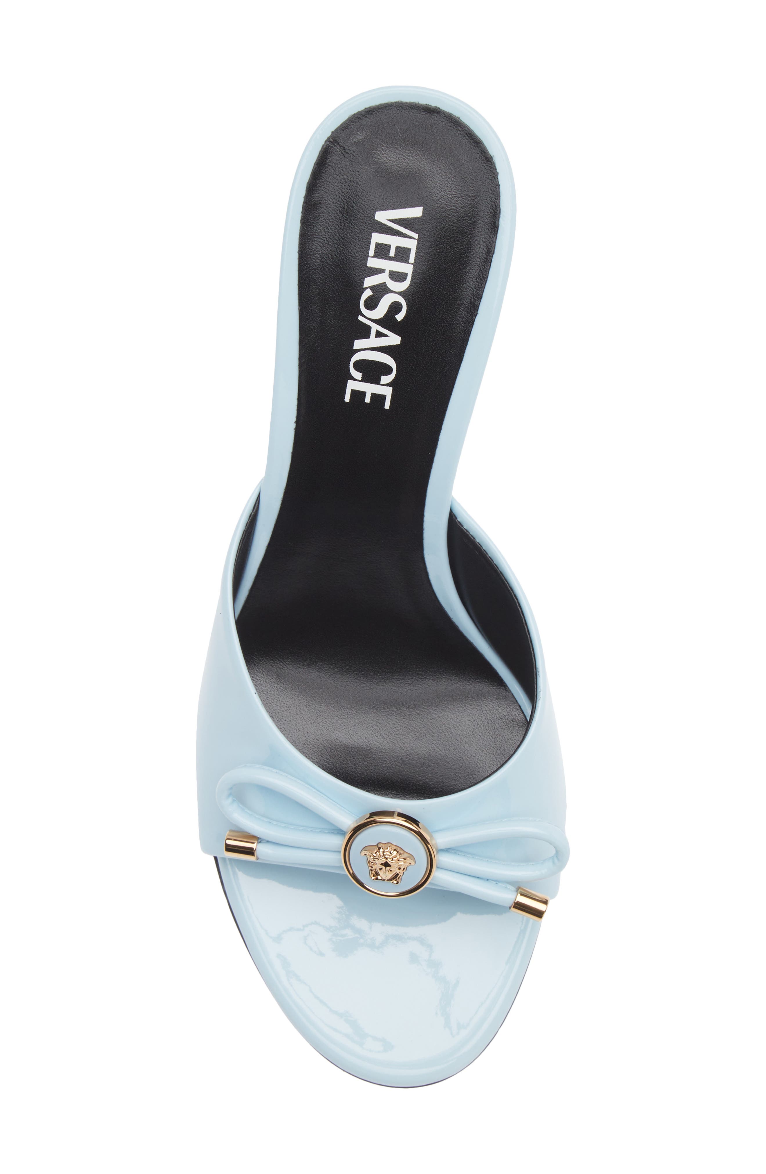 Versace Opera Bow Slide Sandal, Alternate, color, Pastel Blue Gold