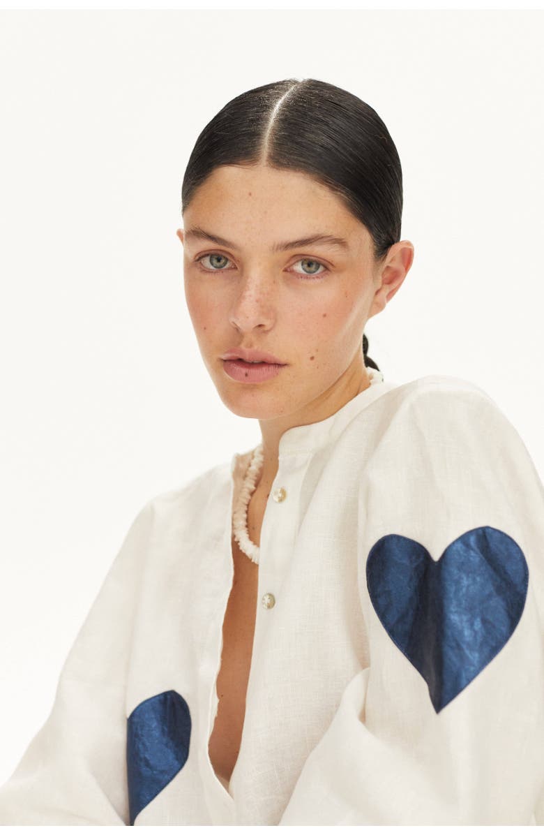 LANHTROPY Cupid Linen Shirt, Main, color, Off-White W/ Blue Hearts