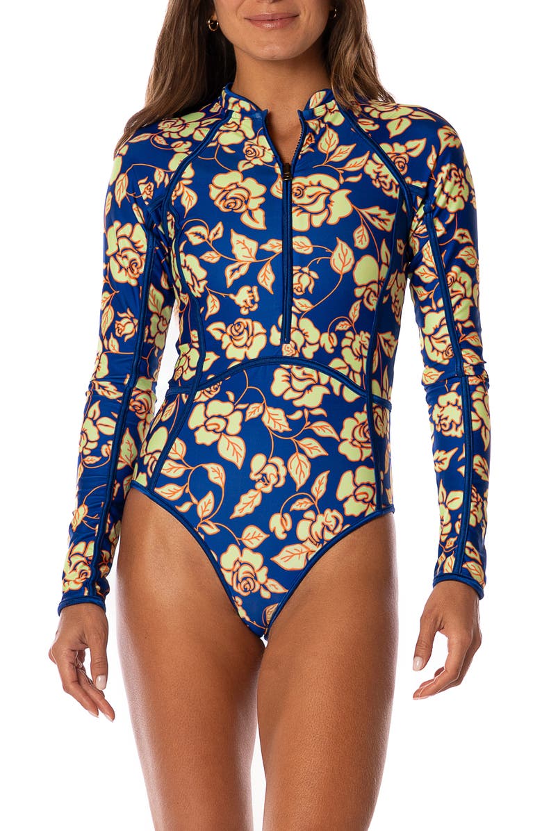 Maaji Cobalt Florea Cardi Long Sleeve Reversible One-Piece Swimsuit, Main, color, Blue
