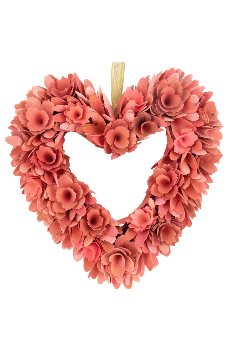 Northlight Wooden Floral Heart Valentine's Day Wreath - 14" - Salmon Pink, Main, color, Pink