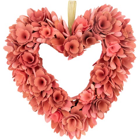 Wooden Floral Heart Valentine's Day Wreath - 14" - Salmon Pink