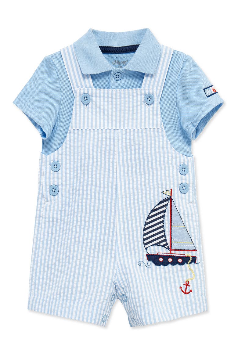 Sailboat Polo & Stripe Overalls Set, Alternate, color, BLUE