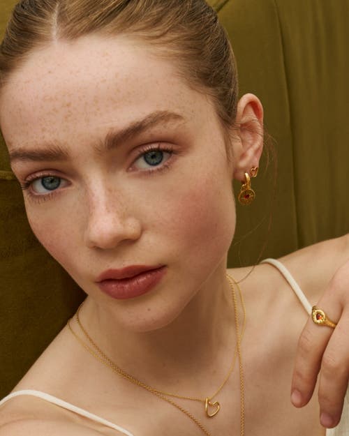 Ottoman Hands Garnet Heart Huggie Earrings In Gold