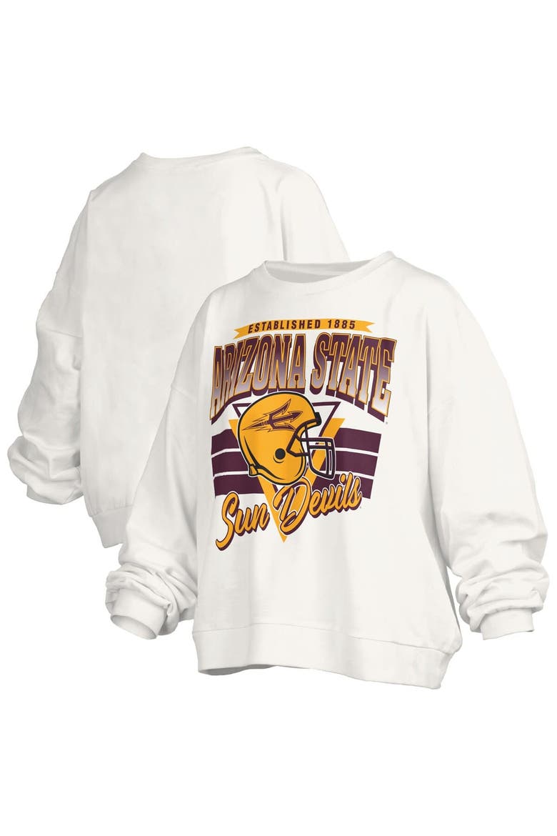 Women's Pressbox White Arizona State Sun Devils Oversized Janice Retro Waist-Length Pullover Sweatshirt, Main, color, White