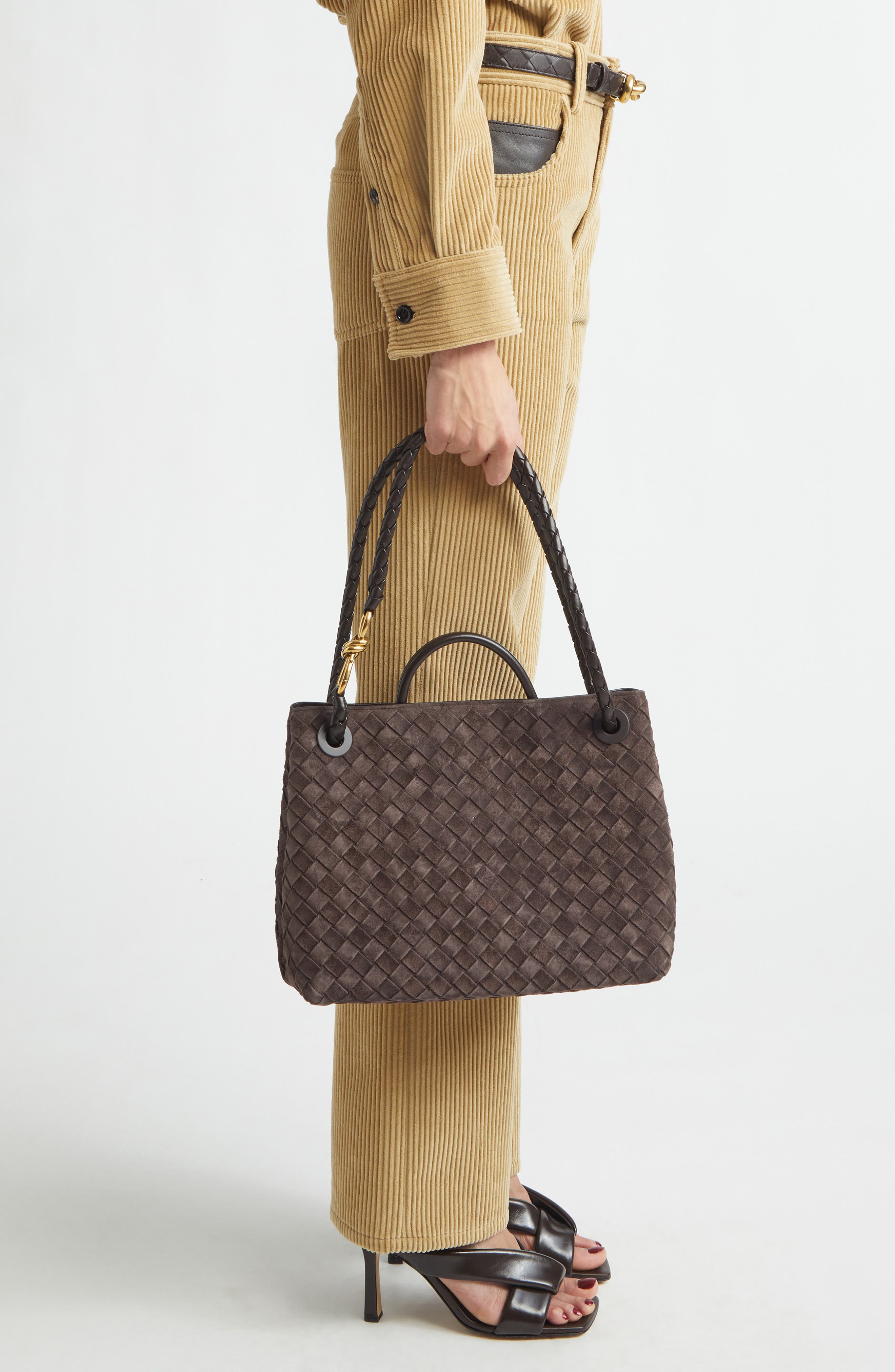 Bottega Veneta Medium Andiamo Intrecciato Suede Shoulder Bag, Alternate, color, 2272 Fondant-M Brass