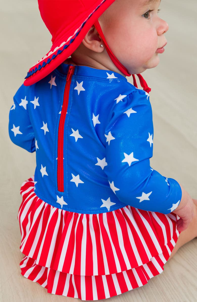 RuffleButts Star Stripes One-Piece Rashguard Swimsuit & Hat Set, Alternate, color, 