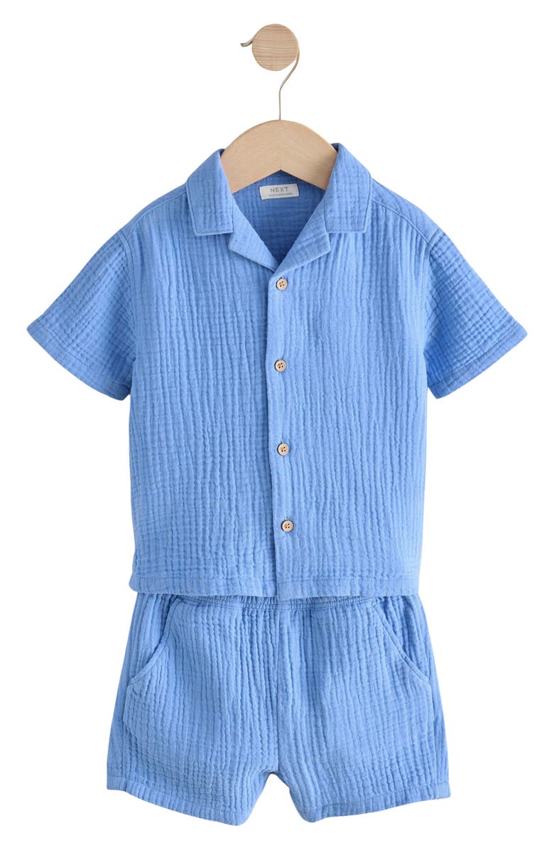 NEXT Kids' Doubleface Cotton Button-Up Shirt & Shorts Set, Alternate, color, Blue