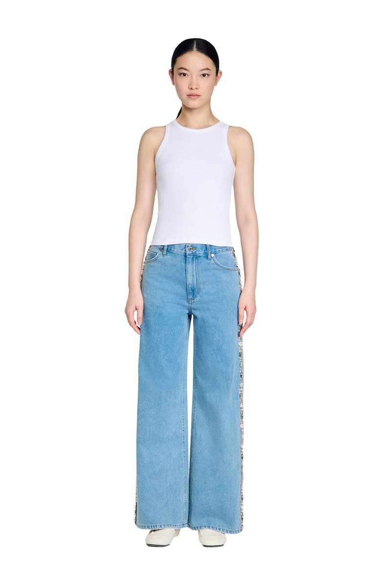 SANDRO Faded straight-leg rhinestone jeans, Alternate, color, Blue Jean