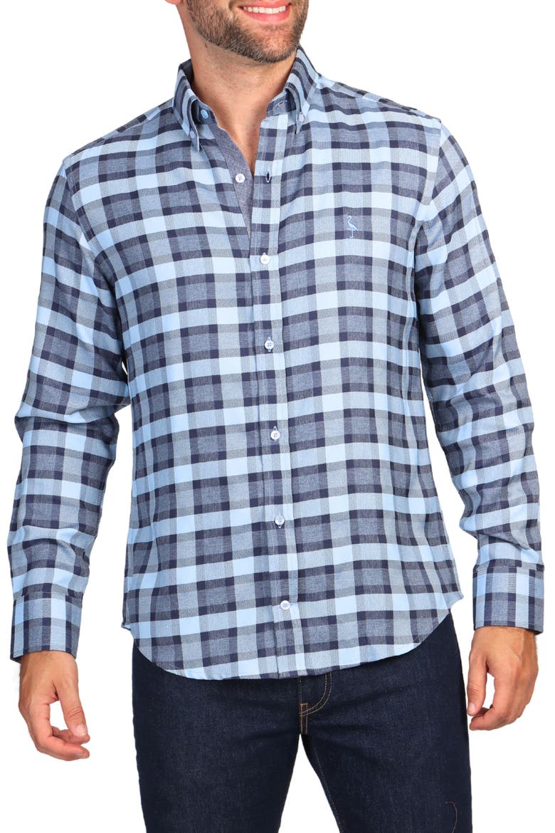 Modern Fit Melange Plaid Performance Button-Down Shirt, Main, color, BLUE