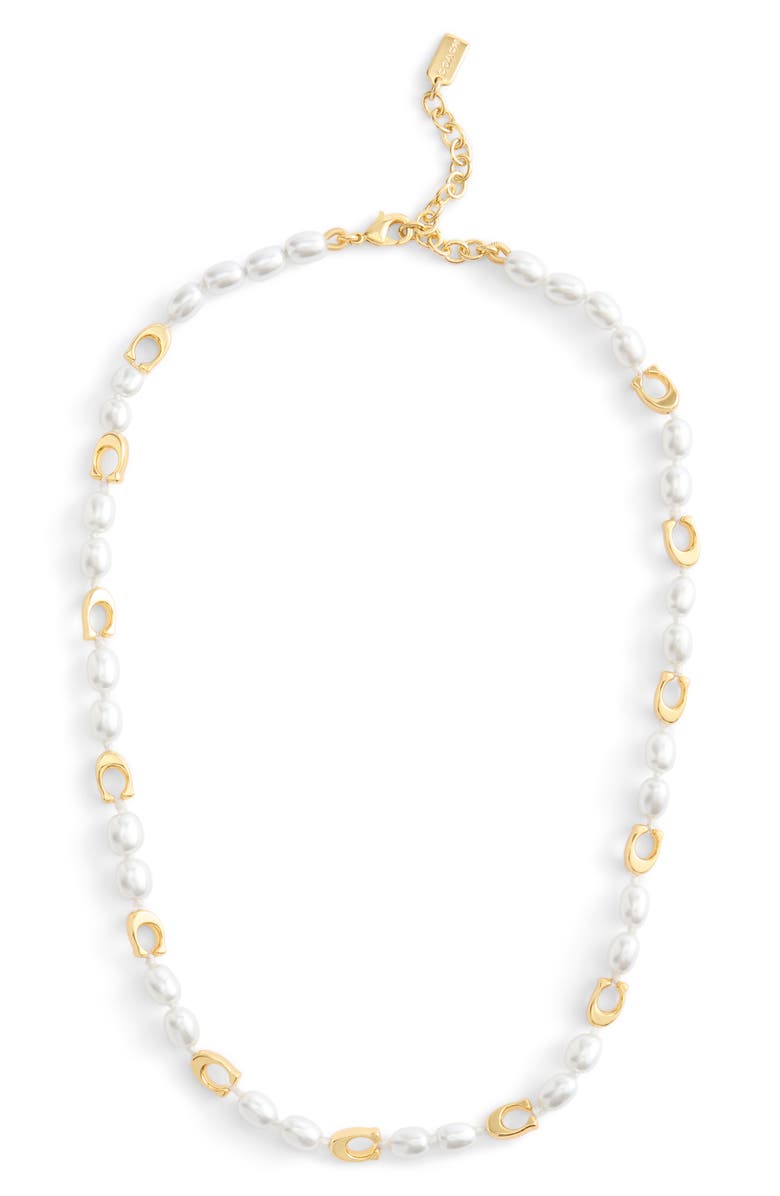 COACH Faux Pearl & Logo Collar Necklace, Alternate, color, Pearl/ Gold