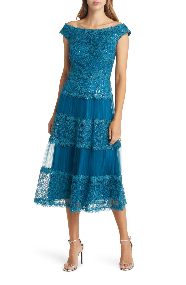 Tadashi Shoji Sequin & Corded Lace Off the Shoulder Cocktail Dress, Main, color, 