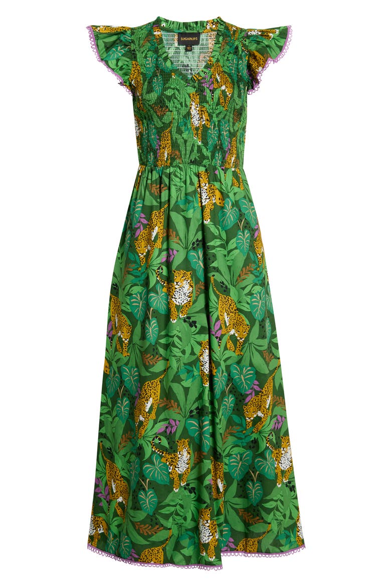 Merlin Smocked Bodice Flutter Sleeve Cotton Midi Sundress, Alternate, color, GREEN-MULTI