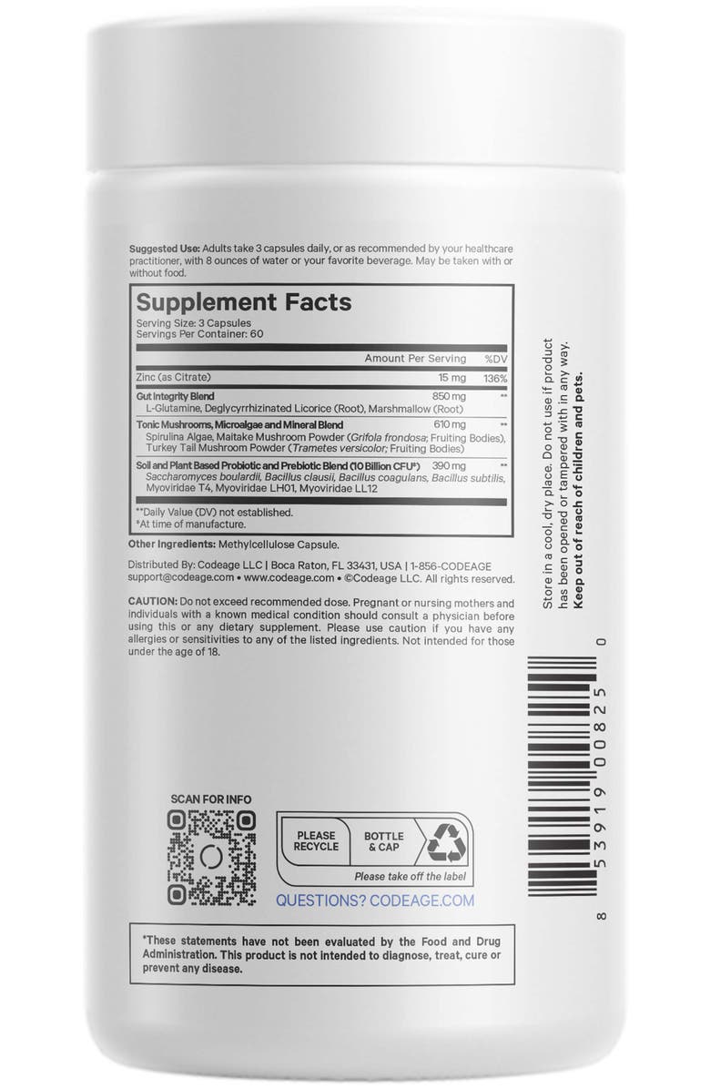 Codeage Gut Health Formula - L-Glutamine Probiotics & Prebiotics, Alternate, color, White